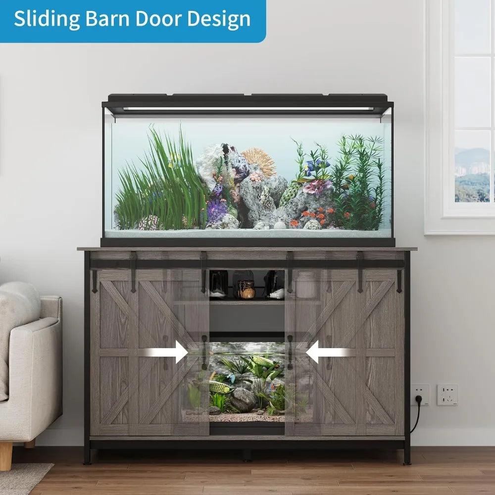 Farmhouse Fish Tank Stand with Power Outlet, with Storage Cabinet and Sliding Barn Door,