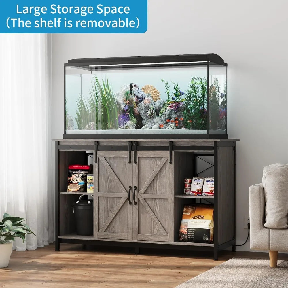 Farmhouse Fish Tank Stand with Power Outlet, with Storage Cabinet and Sliding Barn Door,