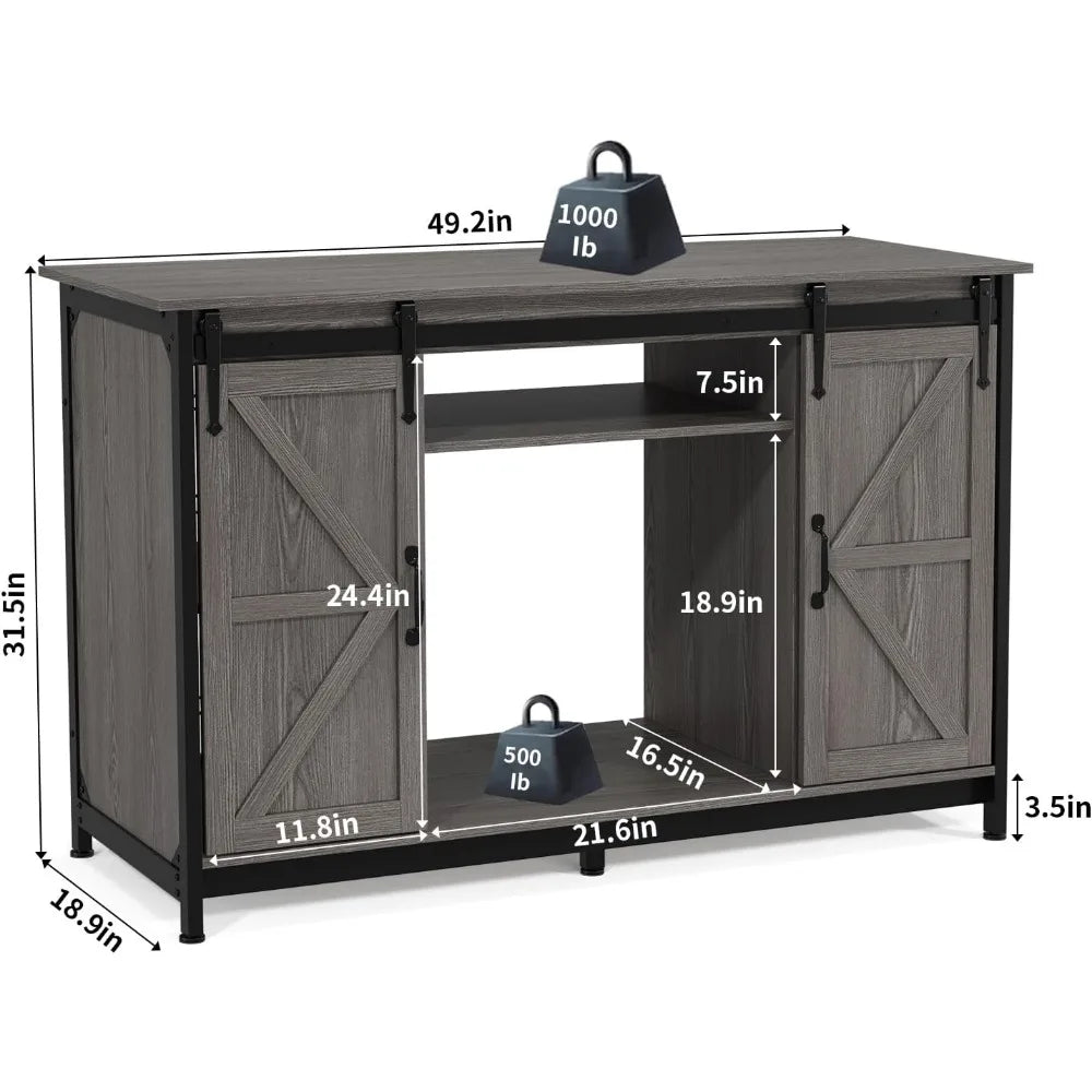 Farmhouse Fish Tank Stand with Power Outlet, with Storage Cabinet and Sliding Barn Door,