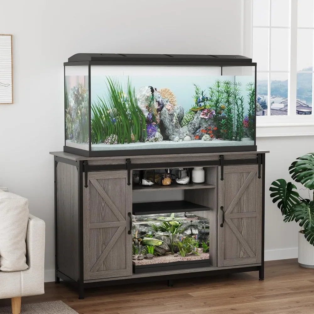 Farmhouse Fish Tank Stand with Power Outlet, with Storage Cabinet and Sliding Barn Door,