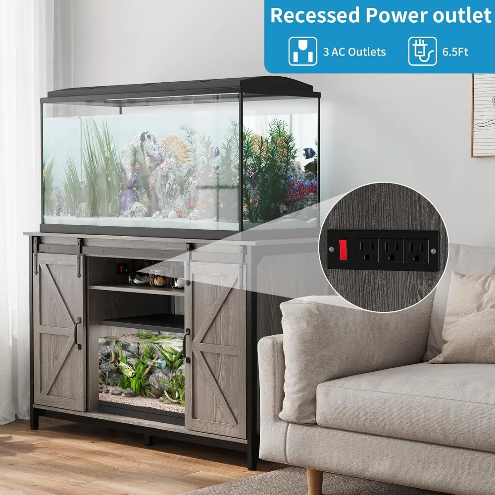 Farmhouse Fish Tank Stand with Power Outlet, with Storage Cabinet and Sliding Barn Door,