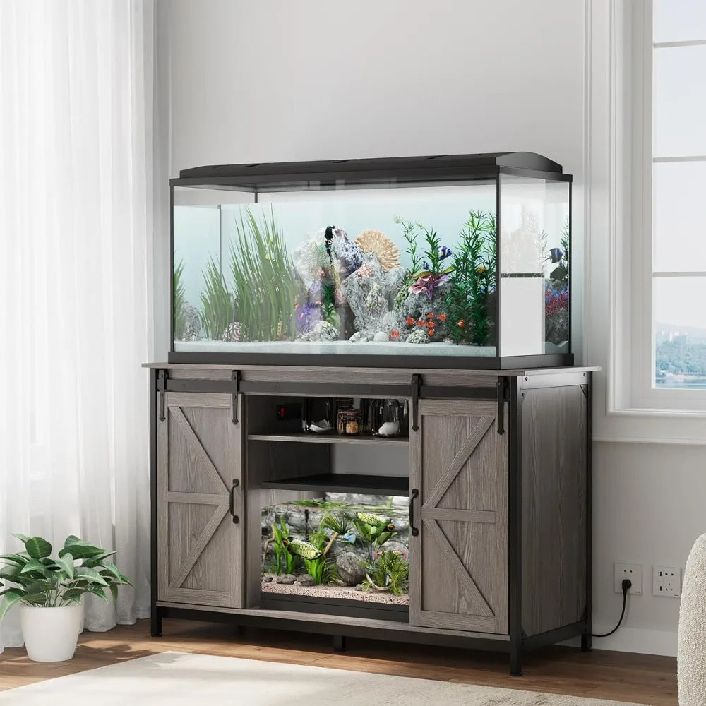 Farmhouse Fish Tank Stand with Power Outlet, with Storage Cabinet and Sliding Barn Door,